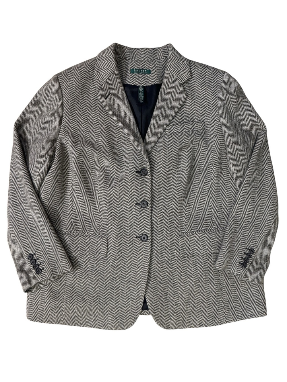 Lauren Ralph Lauren Women's Wool Blend Gray Herringbone Tweed Blazer Jacket 18W